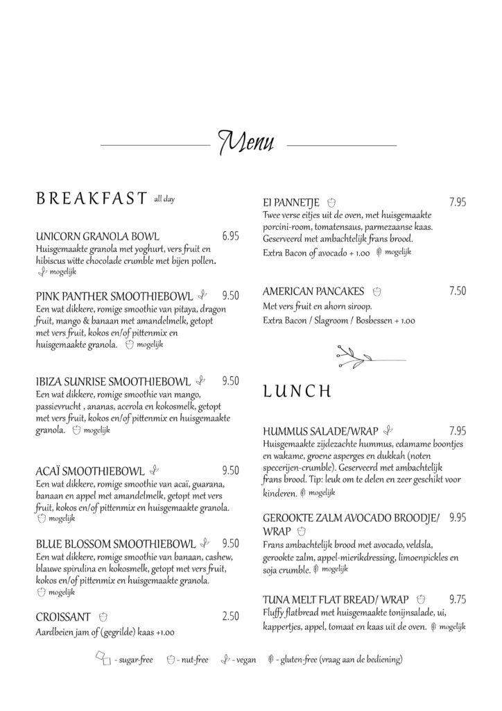 menukaart breakfast lunch